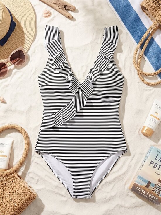 Nip Tuck Other - Nip Tuck Swim Women’s Navy & White Striped Ruffle V-Neck One Piece - Size 6